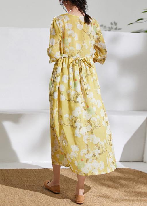 V Neck Tie Waist Linen Summer Dresses Outfits Yellow Print Dresses