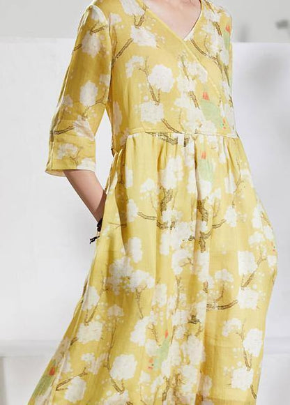 V Neck Tie Waist Linen Summer Dresses Outfits Yellow Print Dresses