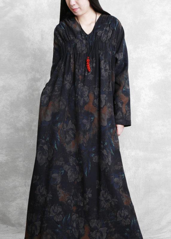 V Neck Cinched Clothes for Catwalk Black Print Robe Dresses