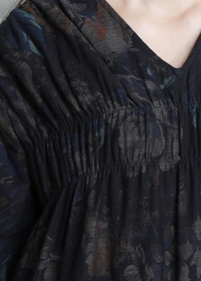 V Neck Cinched Clothes for Catwalk Black Print Robe Dresses