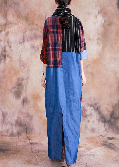 V Neck Cinched Cotton Linen Clothes Design Red Plaid Dresses Fall