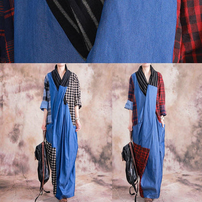 V Neck Cinched Cotton Linen Clothes Design Red Plaid Dresses Fall