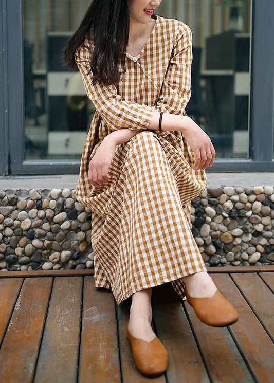 V Neck Cinched Dresses Work Yellow Plad Loose Dresses