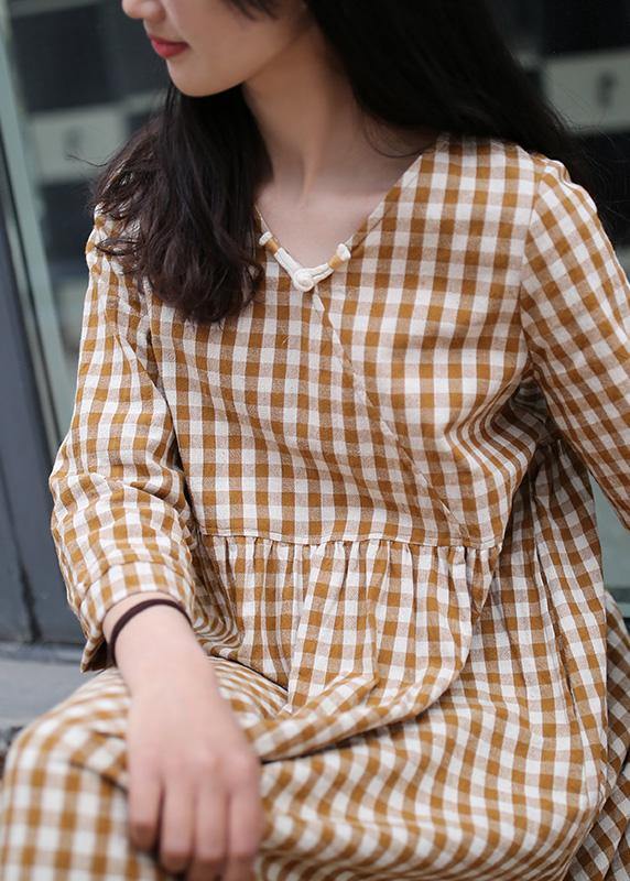 V Neck Cinched Dresses Work Yellow Plad Loose Dresses