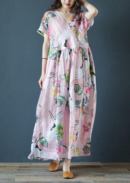 V Neck Cinched Linen Robes Ideas Pink Print Dress