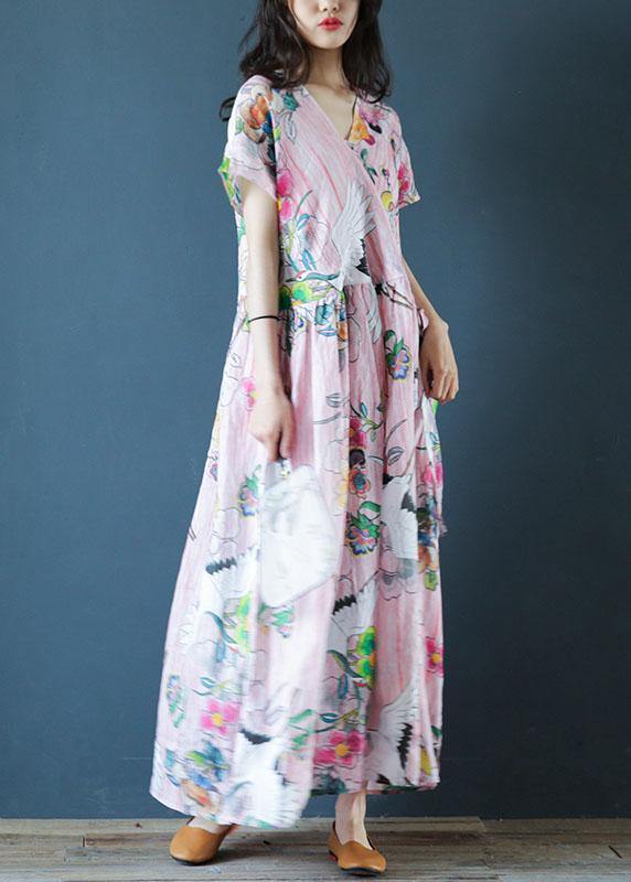V Neck Cinched Linen Robes Ideas Pink Print Dress