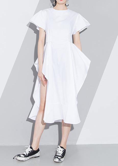 White Cotton Tunic Pattern Short Sleeve Loose Asymmetric Sundress Dress
