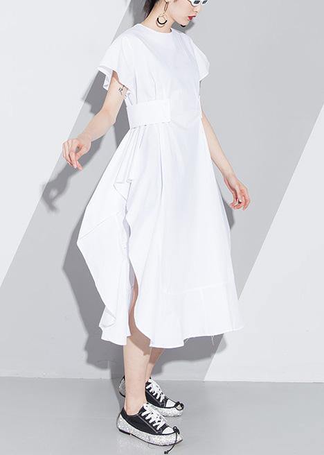 White Cotton Tunic Pattern Short Sleeve Loose Asymmetric Sundress Dress