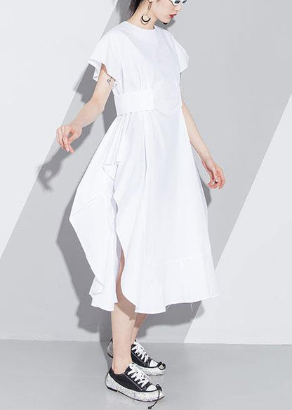 White Cotton Tunic Pattern Short Sleeve Loose Asymmetric Sundress Dress
