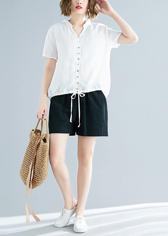 White Cotton Linen Tunic Top Fine Outfits Hooded Daily Summer Shirts