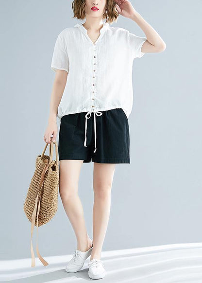 White Cotton Linen Tunic Top Fine Outfits Hooded Daily Summer Shirts