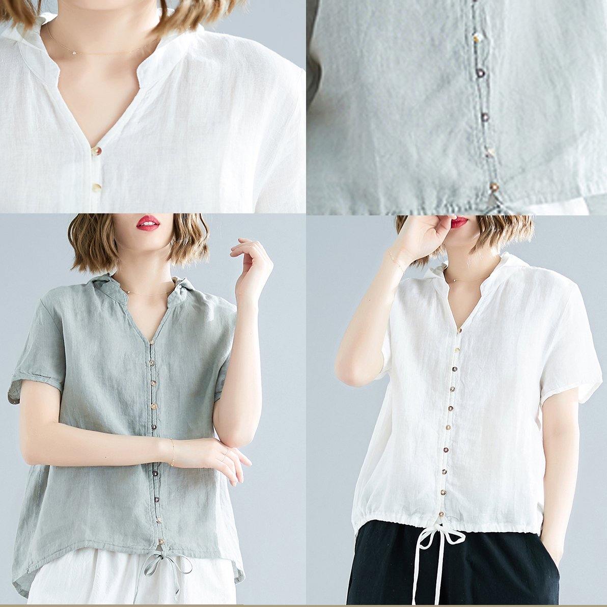 White Cotton Linen Tunic Top Fine Outfits Hooded Daily Summer Shirts
