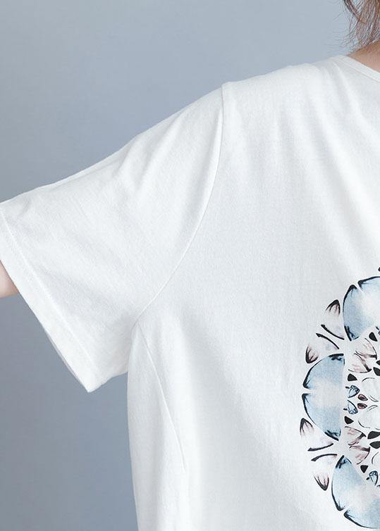 White Cotton Tunic Top O Neck Prints Knee Summer Tops