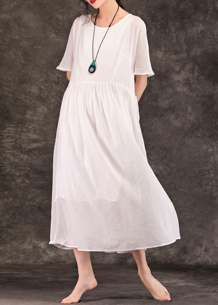 White Linen Long Shirts O Neck Pockets Patchwork Maxi Summer Dress