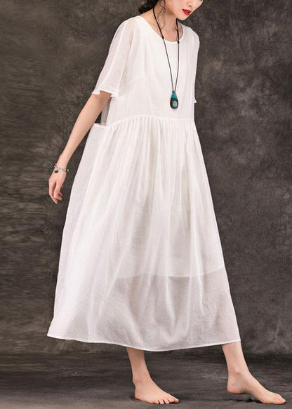 White Linen Long Shirts O Neck Pockets Patchwork Maxi Summer Dress
