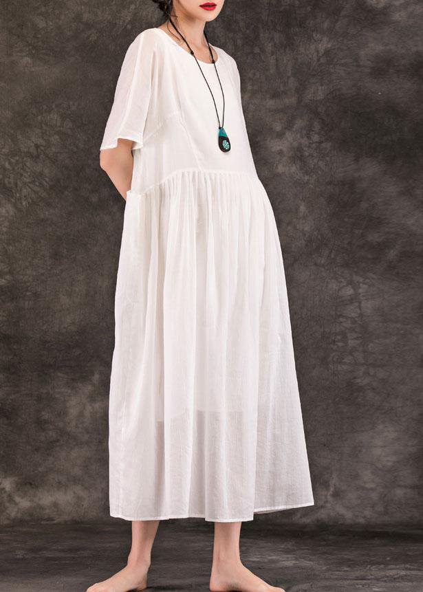 White Linen Long Shirts O Neck Pockets Patchwork Maxi Summer Dress
