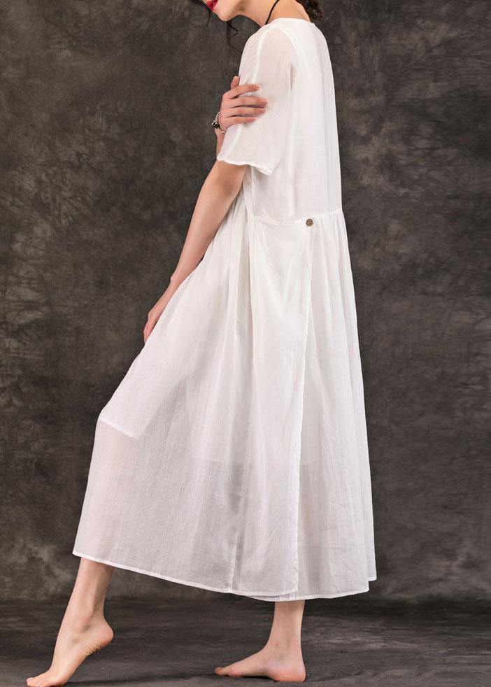 White Linen Long Shirts O Neck Pockets Patchwork Maxi Summer Dress