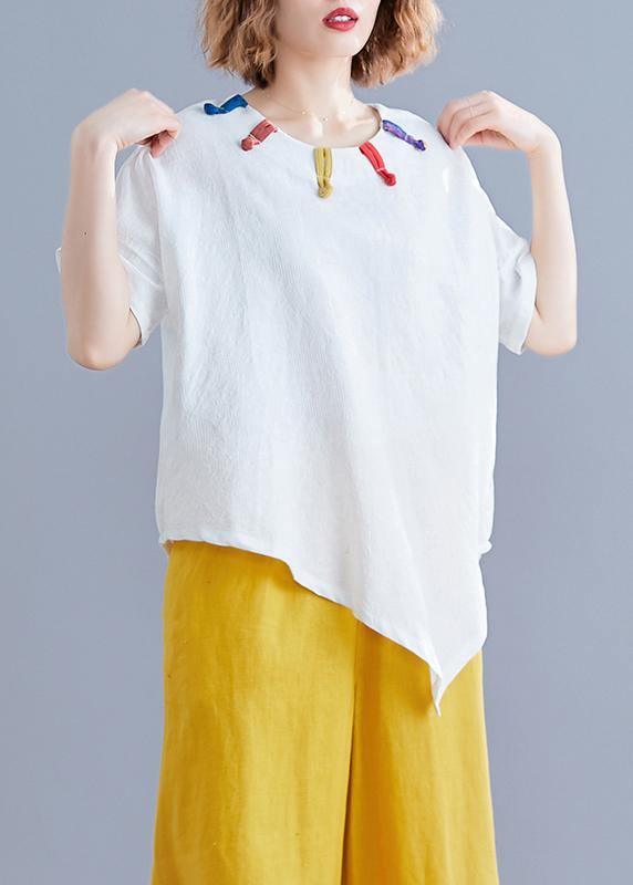 White Linen Clothes Cotton O Neck Asymmetric Summer Top