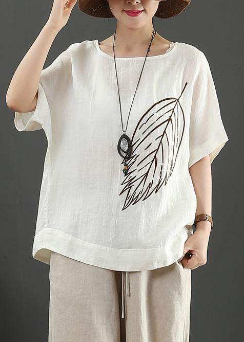 White Linen Tops O Neck Baggy Summer Blouse