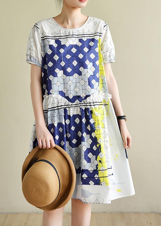 White Plaid Dresses O Neck Ruffles Short Dress