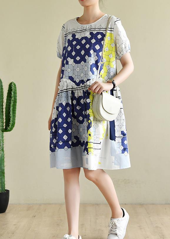 White Plaid Dresses O Neck Ruffles Short Dress