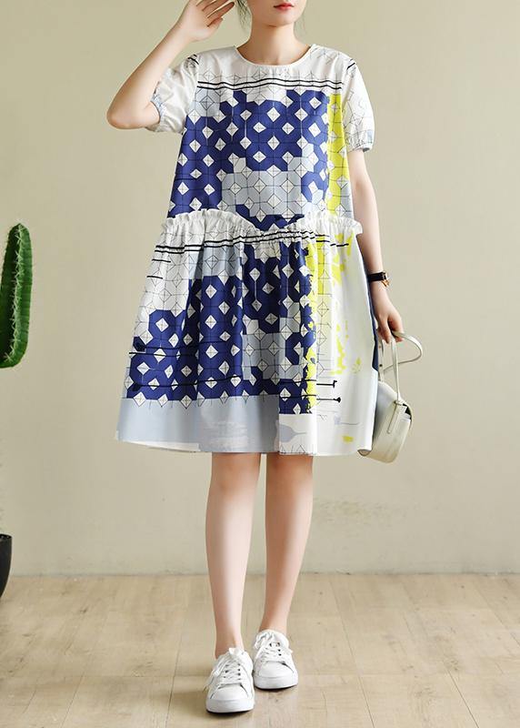 White Plaid Dresses O Neck Ruffles Short Dress
