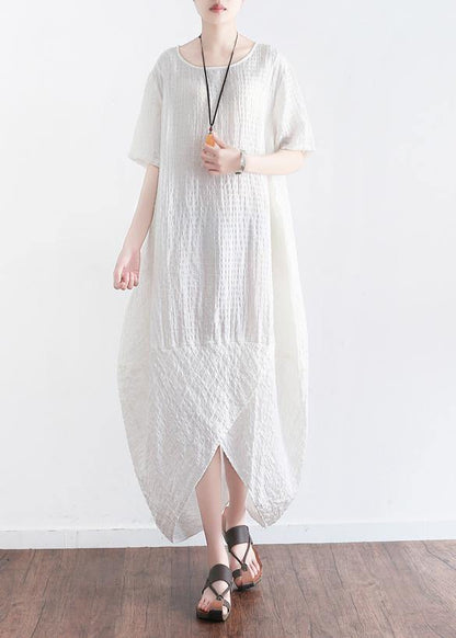 White Plaid Linen Clothes Front Open Maxi Summer Dresses