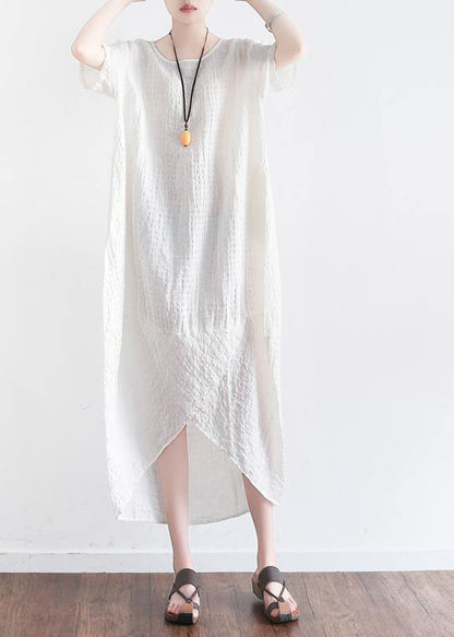 White Plaid Linen Clothes Front Open Maxi Summer Dresses