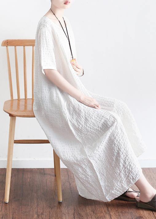 White Plaid Linen Clothes Front Open Maxi Summer Dresses