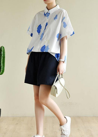 White Print Wardrobes Lapel Button Down Summer Tops