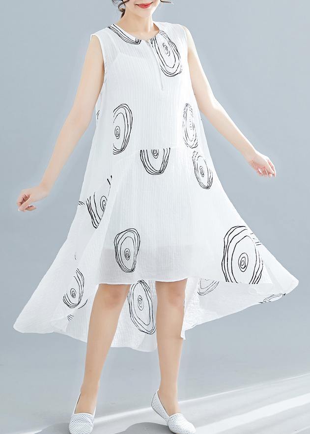 White Print Linen Cotton Clothes for Sleeveless Low High Design Shift Summer Dress
