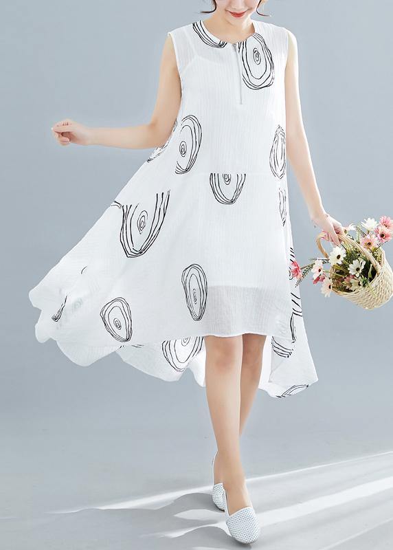 White Print Linen Cotton Clothes for Sleeveless Low High Design Shift Summer Dress