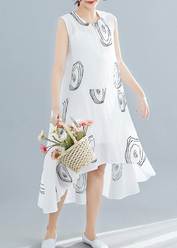 White Print Linen Cotton Clothes for Sleeveless Low High Design Shift Summer Dress