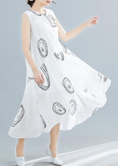 White Print Linen Cotton Clothes for Sleeveless Low High Design Shift Summer Dress