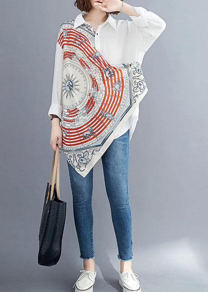 Women white prints blended box top asymmetric baggy summer blouses