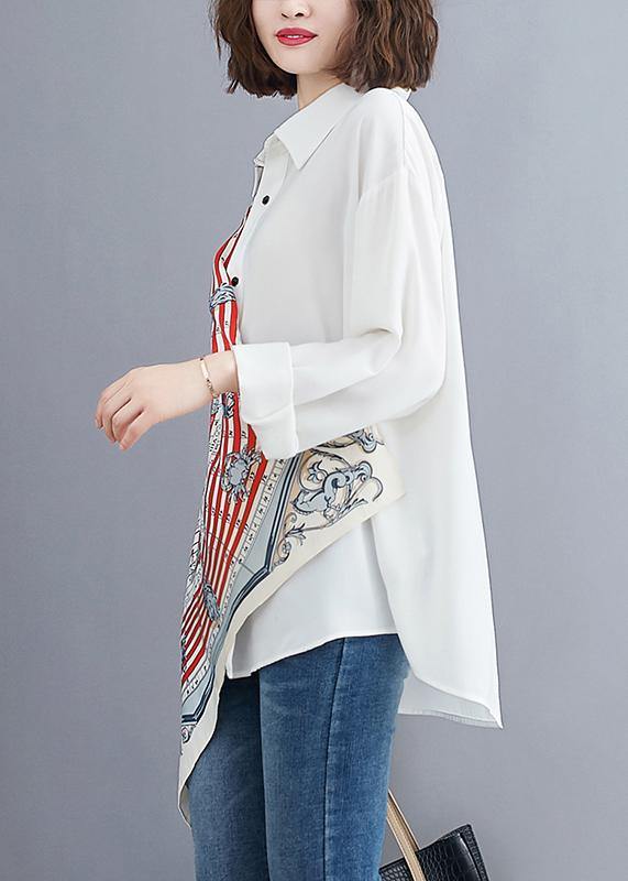 White Prints Blended Box Top Asymmetric Baggy Summer Blouses