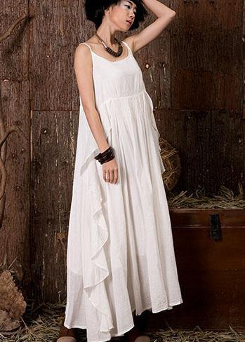 White Sleeveless Linen Clothes Ruffles Side Art Summer Dress