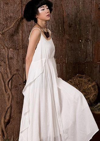 White Sleeveless Linen Clothes Ruffles Side Art Summer Dress