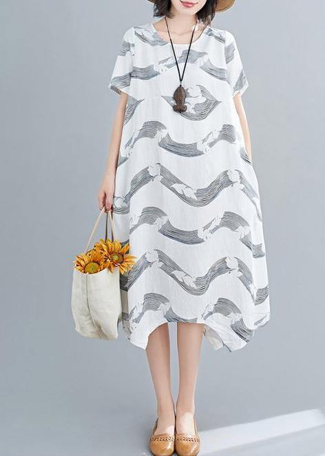 White Striped Linen Clothes for O Neck Patchwork Short Summer Dresses