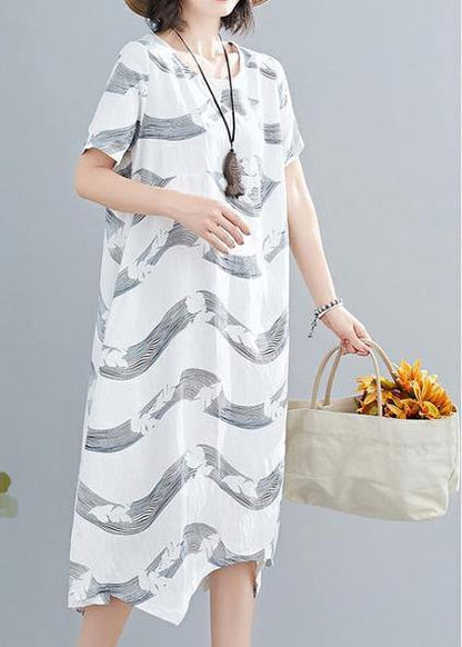 White Striped Linen Clothes for O Neck Patchwork Short Summer Dresses