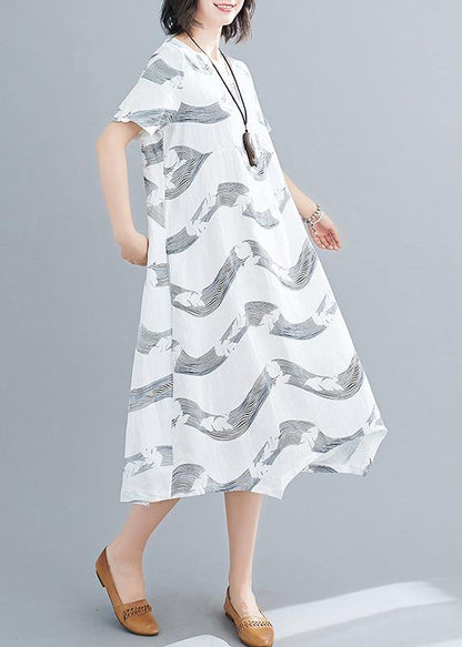 White Striped Linen Clothes for O Neck Patchwork Short Summer Dresses