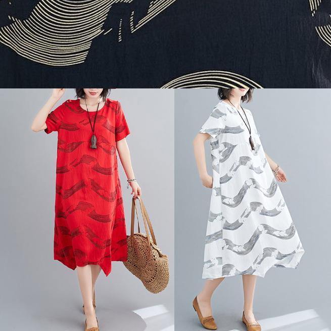 White Striped Linen Clothes for O Neck Patchwork Short Summer Dresses