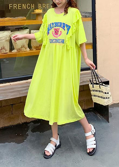 Yellow Cartoon Print Tunics for O Neck Ruffles Traveling Dress