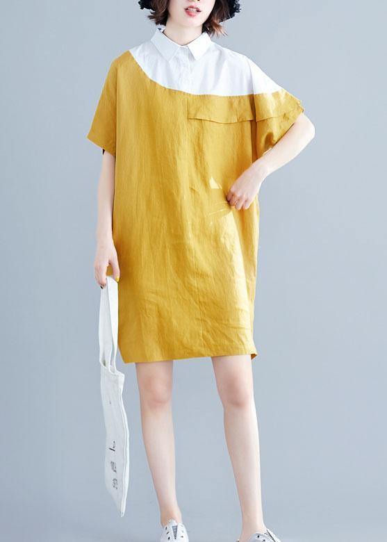 Yellow Cotton Tunics for O Neck Patchwork Loose Summer Dresses