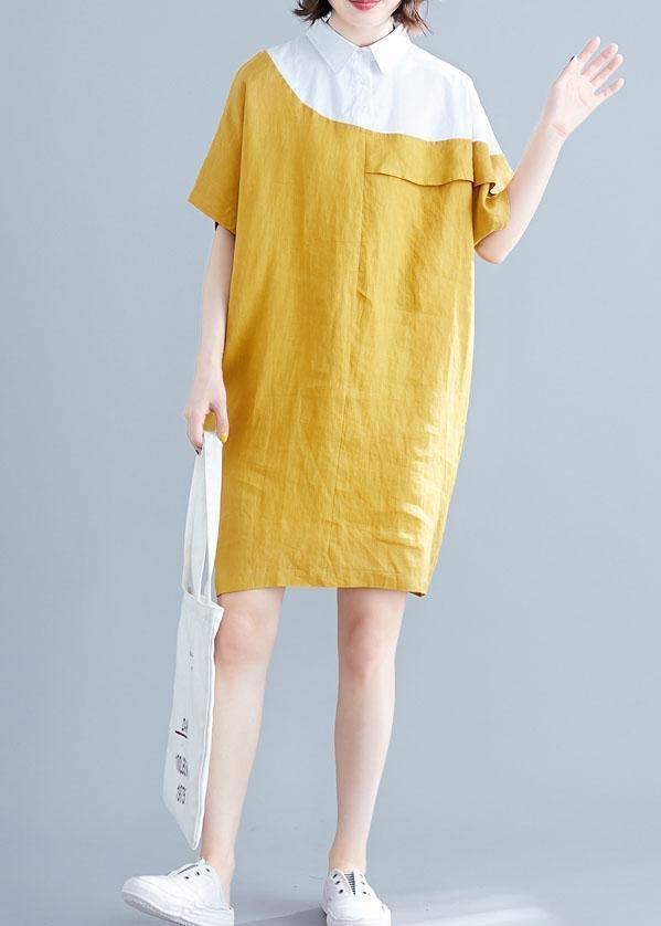Yellow Cotton Tunics for O Neck Patchwork Loose Summer Dresses