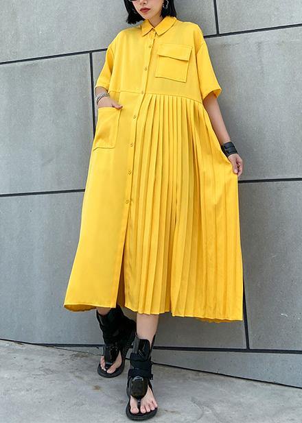 Yellow Cotton Clothes Lapel Cinched Kaftan Summer Dress