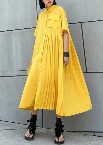Yellow Cotton Clothes Lapel Cinched Kaftan Summer Dress