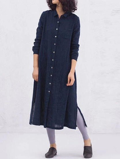 Yellow Cotton Clothes Lapel Button Loose Spring Dresses