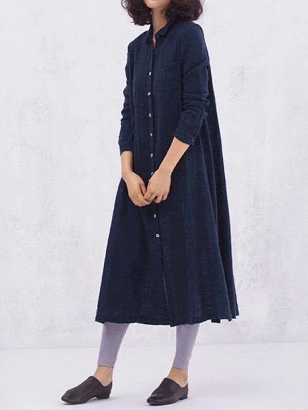Yellow Cotton Clothes Lapel Button Loose Spring Dresses