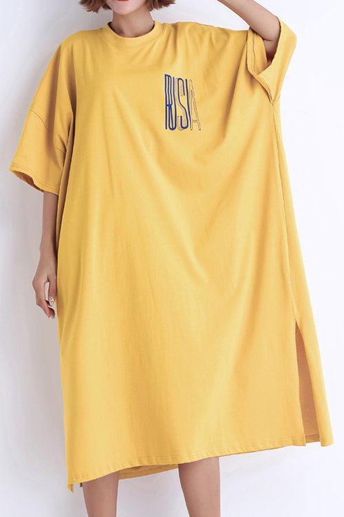 Yellow Cotton Dress Fabrics O Neck Side Open Art Summer Dresses